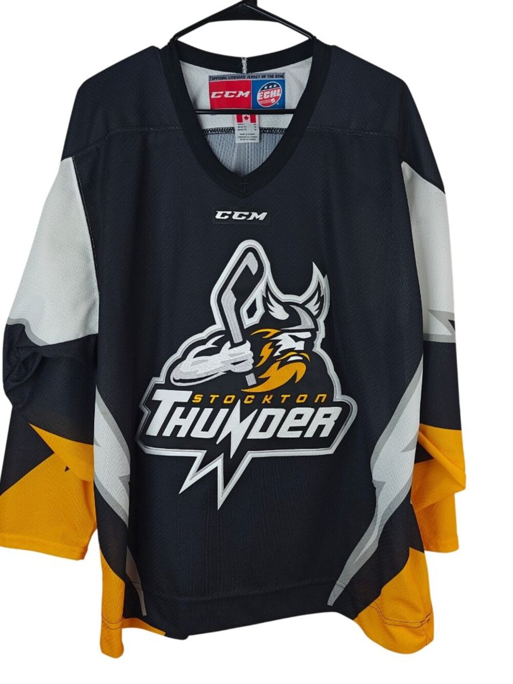 CCM Men's Stockton Thunder Hockey Jersey Size M Black White Sewn Licensed ECHL